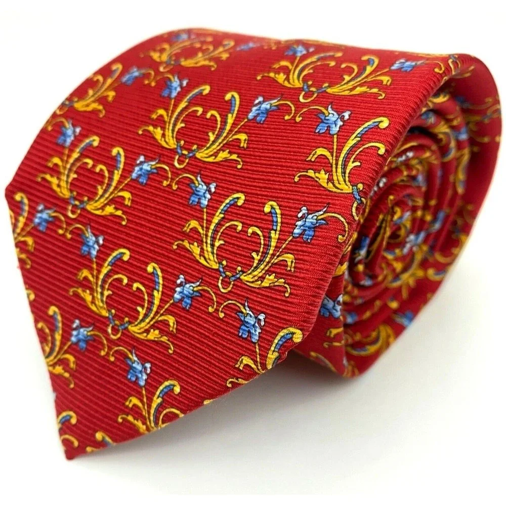 CORBATERIA ESPAÑOLA Tie 100% Silk Red w/ Yellow Blue Textured Floral Necktie